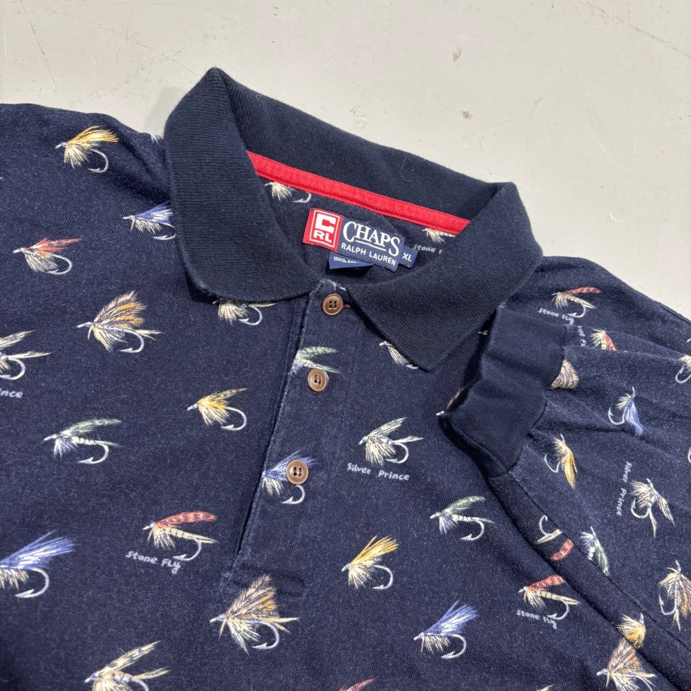 Vintage Chaps Ralph Lauren Fly Fishing Lure Print Long Sleeve Polo Shirt XL Navy